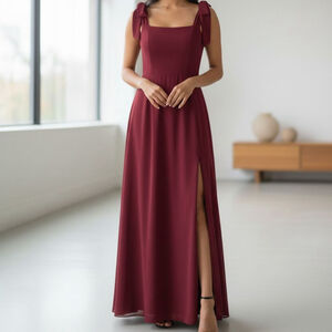 NWT Women's Ever Pretty Red Wine Maxi Dress with Slit Plus Size 14 shoulder tie